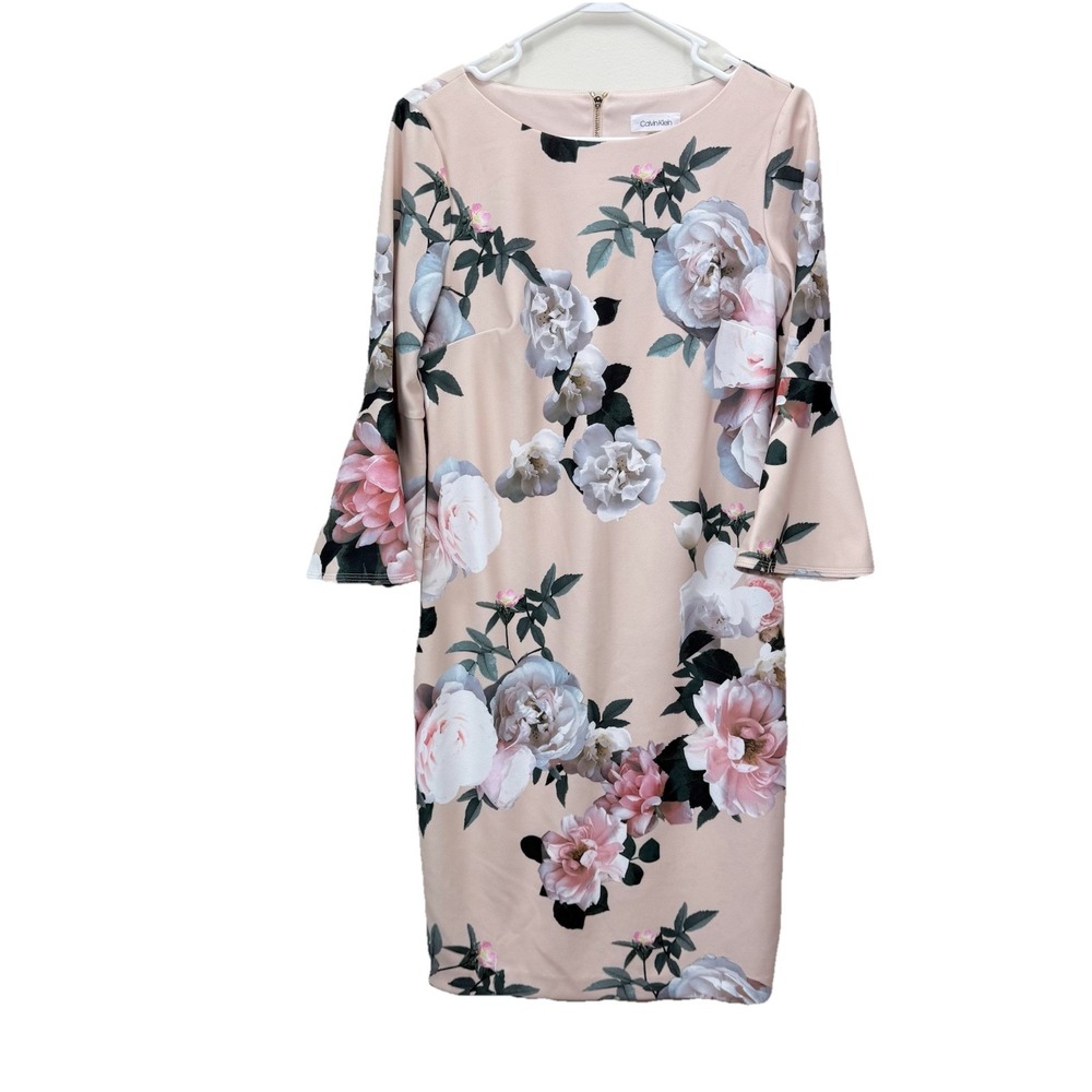 Calvin Klein Pink Floral Bell Sleeve Stretch Crepe Sheath Dress Size 6‎ - Picture 6 of 15